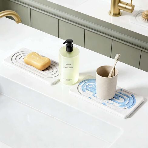 2 PCS Water Absorbing Diatomite Coasters, Stone Drying Mat for Kitchen Counter, Quick Dry Stone Mat Trays for Bathroom Kitchen Counter, Soap Dish Tray Used for Hand Soaps (White, 8.3" x 4") in Saudi Arabia