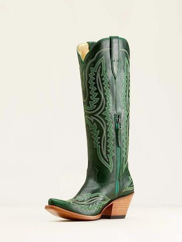 UniqueStride Women's Knee High Cowgirl Boots Western Cowboy Embroidery Chunky Heel Side Zipper Snip Toe Riding Biker Motorcycle Wide Calf Tall Boot(Green, US size 9) in Saudi Arabia
