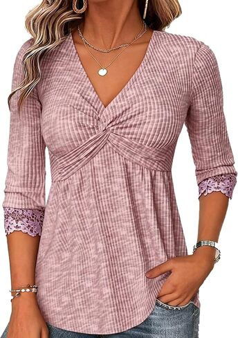 Flamingals Women's V Neck Peplum Shirts Three Quarter Length Sleeve Babydoll Empire Waist Tops in Saudi Arabia