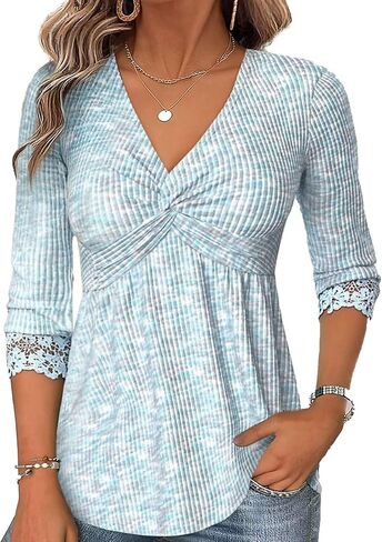 Flamingals Women's V Neck Peplum Shirts Three Quarter Length Sleeve Babydoll Empire Waist Tops in Kuwait