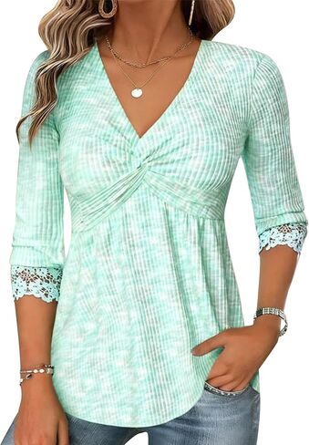 Flamingals Women's V Neck Peplum Shirts Three Quarter Length Sleeve Babydoll Empire Waist Tops in Kuwait