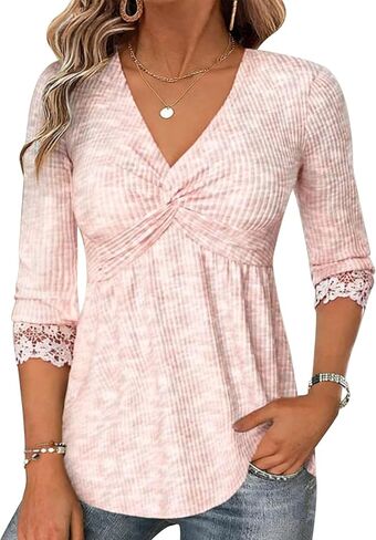 Flamingals Women's V Neck Peplum Shirts Three Quarter Length Sleeve Babydoll Empire Waist Tops in Kuwait