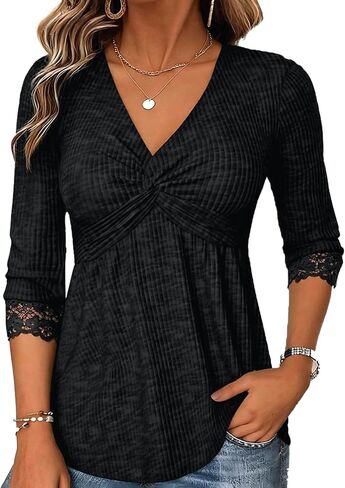 Flamingals Women's V Neck Peplum Shirts Three Quarter Length Sleeve Babydoll Empire Waist Tops in Kuwait