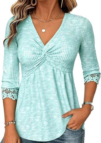 Flamingals Women's V Neck Peplum Shirts Three Quarter Length Sleeve Babydoll Empire Waist Tops in Kuwait