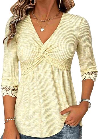 Flamingals Women's V Neck Peplum Shirts Three Quarter Length Sleeve Babydoll Empire Waist Tops in Kuwait