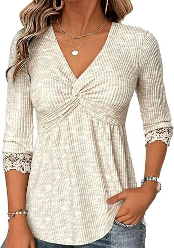 Flamingals Women's V Neck Peplum Shirts Three Quarter Length Sleeve Babydoll Empire Waist Tops in Kuwait
