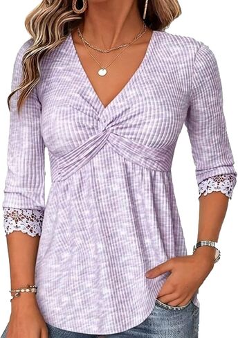 Flamingals Women's V Neck Peplum Shirts Three Quarter Length Sleeve Babydoll Empire Waist Tops in Kuwait