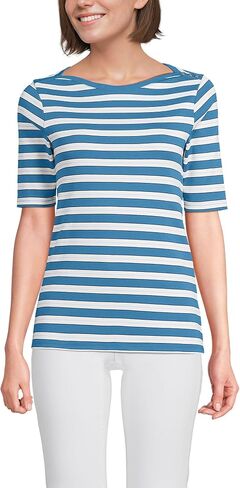 Lands' End Women's American-Grown Supima Cotton Elbow Sleeve Boatneck Button Shoulder Tee in Kuwait