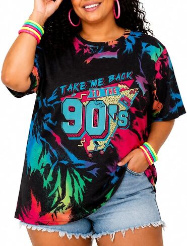 Plus Size 90s Shirts for Women Vintage Neon Shirt Disco 90s Outfits Hip hop Graphic tees Birthday Party Gift in Saudi Arabia