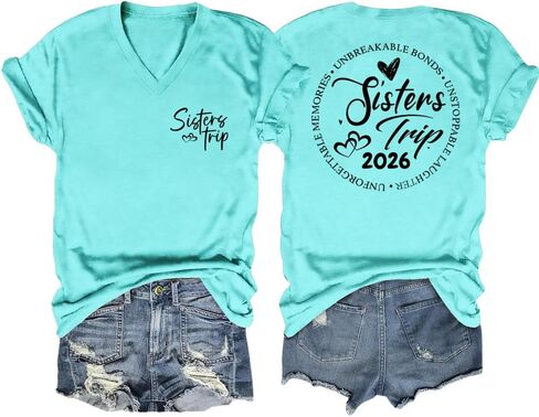 Sisters Trip Tshirts 2026, Girls Trip V Neck Tops for Women Holiday Travel Short Sleeve Casual Loose Fit Graphic Tees in Saudi Arabia