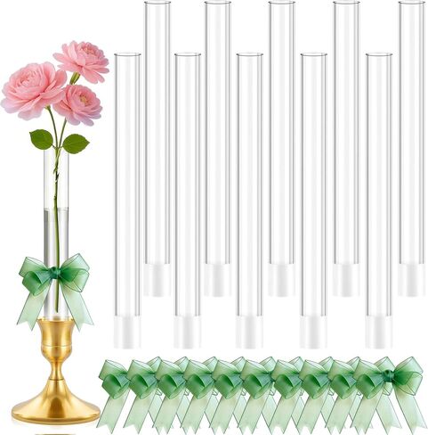 10 PCS 7.9" Acrylic Vase Cylinder Bud Vase for Taper Candlesticks, Flower Vase with Silicon Rubber and 10 Ribbon Case Fit in Candle Holders Size 20-22mm, Create Floral for Tablescapes, Home Decor in Saudi Arabia