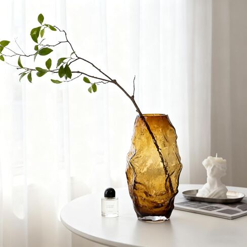Amber Glass Vase 11in, Hand Blown Brown Flower Vase, Modern Vase for Pampas Grass & Fresh Flowers, Brown Centerpiece Vase, Amber Home Decor Vases in Saudi Arabia