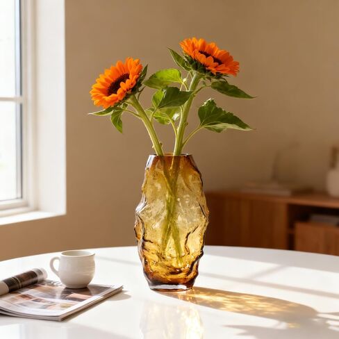 Amber Glass Vase 11in, Hand Blown Brown Flower Vase, Modern Vase for Pampas Grass & Fresh Flowers, Brown Centerpiece Vase, Amber Home Decor Vases in Saudi Arabia