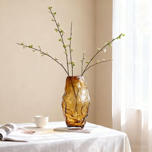 Amber Glass Vase 11in, Hand Blown Brown Flower Vase, Modern Vase for Pampas Grass & Fresh Flowers, Brown Centerpiece Vase, Amber Home Decor Vases in Saudi Arabia