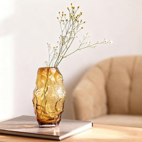 Amber Glass Vase 11in, Hand Blown Brown Flower Vase, Modern Vase for Pampas Grass & Fresh Flowers, Brown Centerpiece Vase, Amber Home Decor Vases in Saudi Arabia