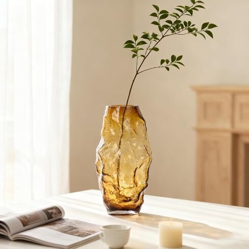 Amber Glass Vase 11in, Hand Blown Brown Flower Vase, Modern Vase for Pampas Grass & Fresh Flowers, Brown Centerpiece Vase, Amber Home Decor Vases in Saudi Arabia