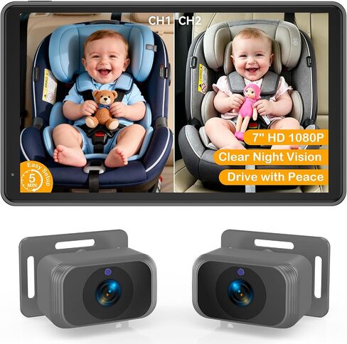 Baby Car Camera for 2 Kids - 7-Inch Split-Screen Monitor, Dual HD 1080P Cameras, Night Vision, 360° Rotatable, Easy Install Backseat Camera for Safety & Convenience - Perfect for Twins or Siblings in Kuwait