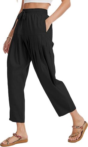 Cotton Linen Barrel Pants Women Wide Leg Hippie Boho Casual Loose Harem Pants Pleated Pull On Elastic Waist in Saudi Arabia