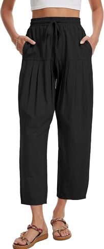 Cotton Linen Barrel Pants Women Wide Leg Hippie Boho Casual Loose Harem Pants Pleated Pull On Elastic Waist in Saudi Arabia