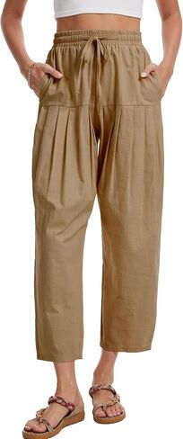 Cotton Linen Barrel Pants Women Wide Leg Hippie Boho Casual Loose Harem Pants Pleated Pull On Elastic Waist in Saudi Arabia