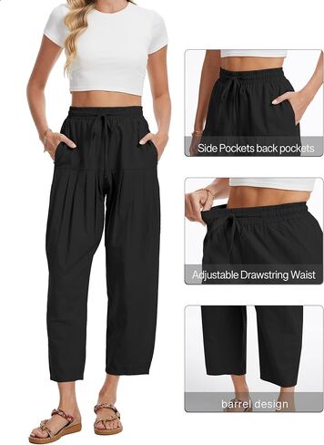 Cotton Linen Barrel Pants Women Wide Leg Hippie Boho Casual Loose Harem Pants Pleated Pull On Elastic Waist in Saudi Arabia
