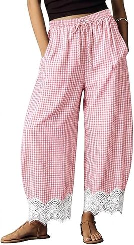 Lace Hem Gingham Barrel Pants for Women Plaid Wide Leg Trousers Drawstring Waist Lounge Pants with Pockets in Saudi Arabia