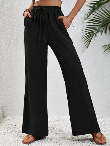 Women's high-Waisted Elastic Casual Trousers Wide-Leg Summer Trousers with Pockets Lightweight and Comfortable. in Kuwait