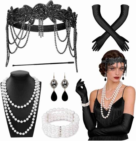 1920s Flapper Gatsby Accessories for Women Headpiece Roaring 20s Vintage Headband Necklace Costume Accessories Set in Kuwait