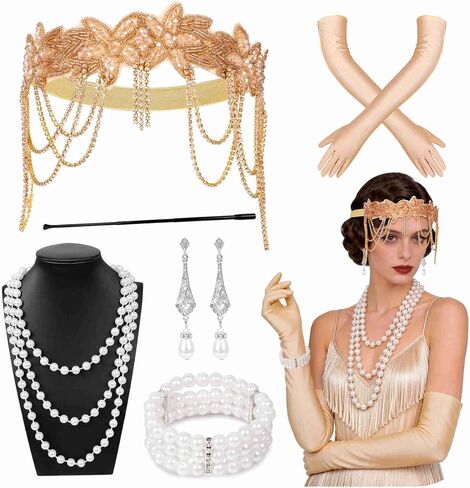 1920s Flapper Gatsby Accessories for Women Headpiece Roaring 20s Vintage Headband Necklace Costume Accessories Set in Kuwait