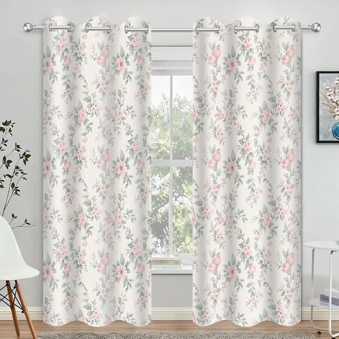 Pink Floral Blackout Curtains for Bedroom Living Room Cute Rose Flower Sage Green Leaves Curtain for Girls Room 84 Inch Length 2 Panels Set Vintage Farmhouse Window Treatments Drapes, 42Wx84L in Saudi Arabia