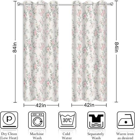 Pink Floral Blackout Curtains for Bedroom Living Room Cute Rose Flower Sage Green Leaves Curtain for Girls Room 84 Inch Length 2 Panels Set Vintage Farmhouse Window Treatments Drapes, 42Wx84L in Saudi Arabia