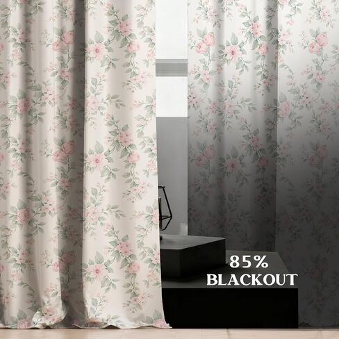 Pink Floral Blackout Curtains for Bedroom Living Room Cute Rose Flower Sage Green Leaves Curtain for Girls Room 84 Inch Length 2 Panels Set Vintage Farmhouse Window Treatments Drapes, 42Wx84L in Saudi Arabia