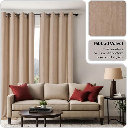 THE ART BOX Beige Velvet Curtains for Living Room – Thick Soft Ribbed Textured Window Curtain Panels, Room Darkening Luxury Velvet Drapes for Bedroom, 2 Panel Set, 63 x 52 Inch in Saudi Arabia