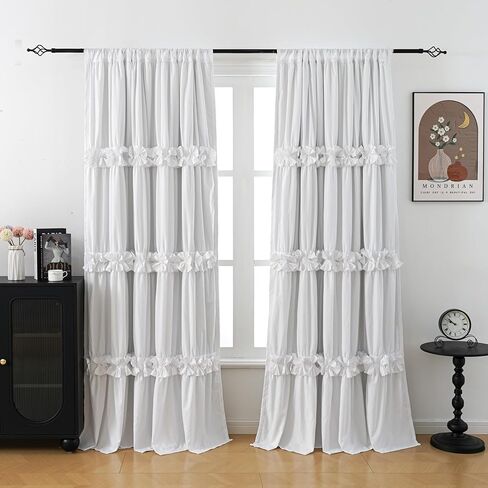 Thermal Insulated Blackout Window Curtains, Boho Ruffle Window Treatments with 3 Rows of Butterfly Flowers, Rustic Rod Pocket Drapes, 2 Panels (White, 52" W x 84" L) in Saudi Arabia