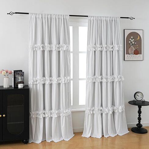 Thermal Insulated Blackout Window Curtains, Boho Ruffle Window Treatments with 3 Rows of Butterfly Flowers, Rustic Rod Pocket Drapes, 2 Panels (White, 52" W x 84" L) in Saudi Arabia