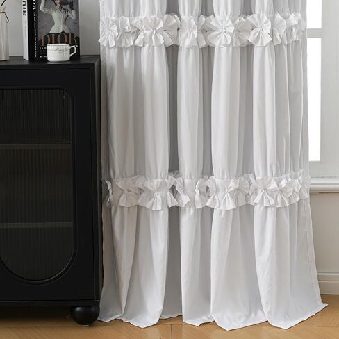 Thermal Insulated Blackout Window Curtains, Boho Ruffle Window Treatments with 3 Rows of Butterfly Flowers, Rustic Rod Pocket Drapes, 2 Panels (White, 52" W x 84" L) in Saudi Arabia