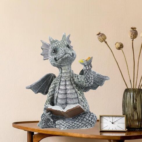 Reading Book Little Dragon Sculpture Cute Reading Book Dragon Statues Resin Sculptures Art Ornament Gift for Lawn Patio Yard Home Decor in Kuwait