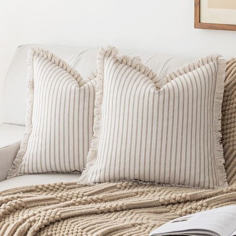 YEENAASY Throw Pillow Covers 18x18 Set of 2 Striped Fringe Pillow Cover Farmhouse Cushion Covers with Tassel Neutral Boho Pillows Decorative Square Pillowcase for Couch Sofa Bed, Khaki in Kuwait