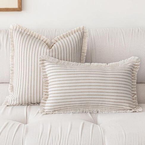 YEENAASY Throw Pillow Covers 18x18 Set of 2 Striped Fringe Pillow Cover Farmhouse Cushion Covers with Tassel Neutral Boho Pillows Decorative Square Pillowcase for Couch Sofa Bed, Khaki in Kuwait