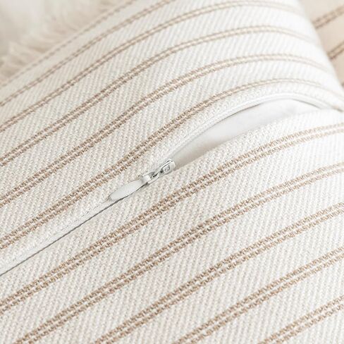 YEENAASY Throw Pillow Covers 18x18 Set of 2 Striped Fringe Pillow Cover Farmhouse Cushion Covers with Tassel Neutral Boho Pillows Decorative Square Pillowcase for Couch Sofa Bed, Khaki in Kuwait