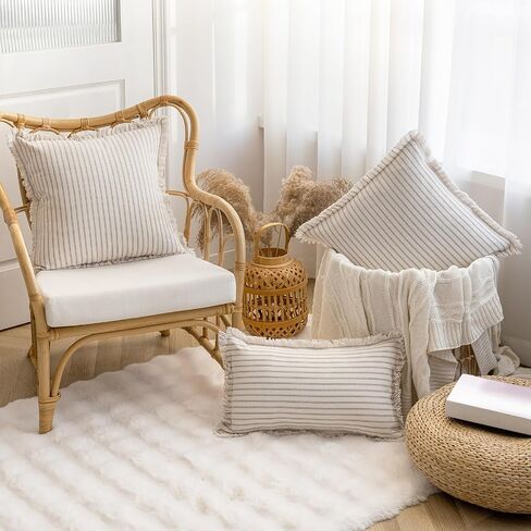 YEENAASY Throw Pillow Covers 18x18 Set of 2 Striped Fringe Pillow Cover Farmhouse Cushion Covers with Tassel Neutral Boho Pillows Decorative Square Pillowcase for Couch Sofa Bed, Khaki in Kuwait