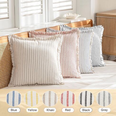 YEENAASY Throw Pillow Covers 18x18 Set of 2 Striped Fringe Pillow Cover Farmhouse Cushion Covers with Tassel Neutral Boho Pillows Decorative Square Pillowcase for Couch Sofa Bed, Khaki in Kuwait