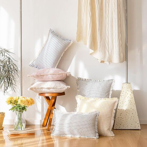 YEENAASY Throw Pillow Covers 18x18 Set of 2 Striped Fringe Pillow Cover Farmhouse Cushion Covers with Tassel Neutral Boho Pillows Decorative Square Pillowcase for Couch Sofa Bed, Khaki in Kuwait