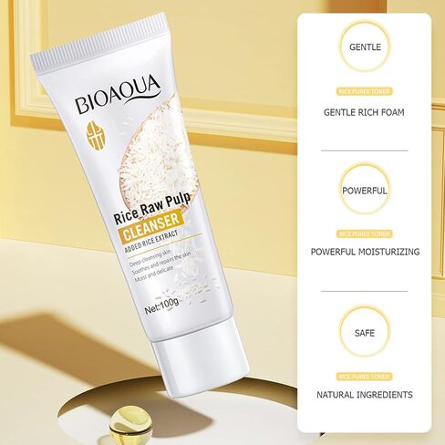 BIOAQUA Facial Rice Raw Pulp Foam Cleanser Face Deep Cleansing Soothes Skin Moisturizing Delicate 100g / 3.38fl.oz in Kuwait