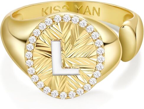 KissYan Initial Ring for Women,14K Gold Plated Adjustable CZ Halo Monogram Signet Letter Ring, Tarnish Resistant Personalized Statement Jewelry Gift in Kuwait