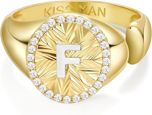KissYan Initial Ring for Women,14K Gold Plated Adjustable CZ Halo Monogram Signet Letter Ring, Tarnish Resistant Personalized Statement Jewelry Gift in Kuwait