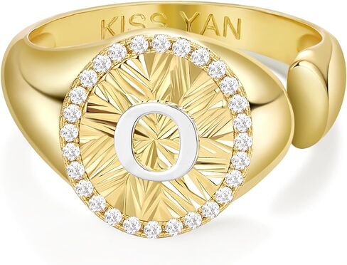 KissYan Initial Ring for Women,14K Gold Plated Adjustable CZ Halo Monogram Signet Letter Ring, Tarnish Resistant Personalized Statement Jewelry Gift in Kuwait