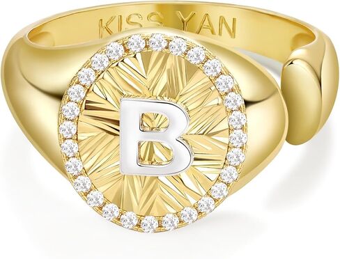KissYan Initial Ring for Women,14K Gold Plated Adjustable CZ Halo Monogram Signet Letter Ring, Tarnish Resistant Personalized Statement Jewelry Gift in Kuwait