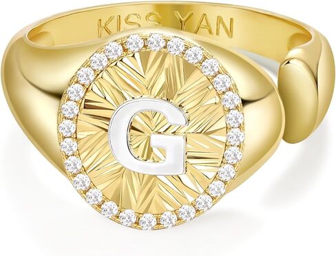 KissYan Initial Ring for Women,14K Gold Plated Adjustable CZ Halo Monogram Signet Letter Ring, Tarnish Resistant Personalized Statement Jewelry Gift in Kuwait