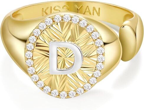 KissYan Initial Ring for Women,14K Gold Plated Adjustable CZ Halo Monogram Signet Letter Ring, Tarnish Resistant Personalized Statement Jewelry Gift in Kuwait